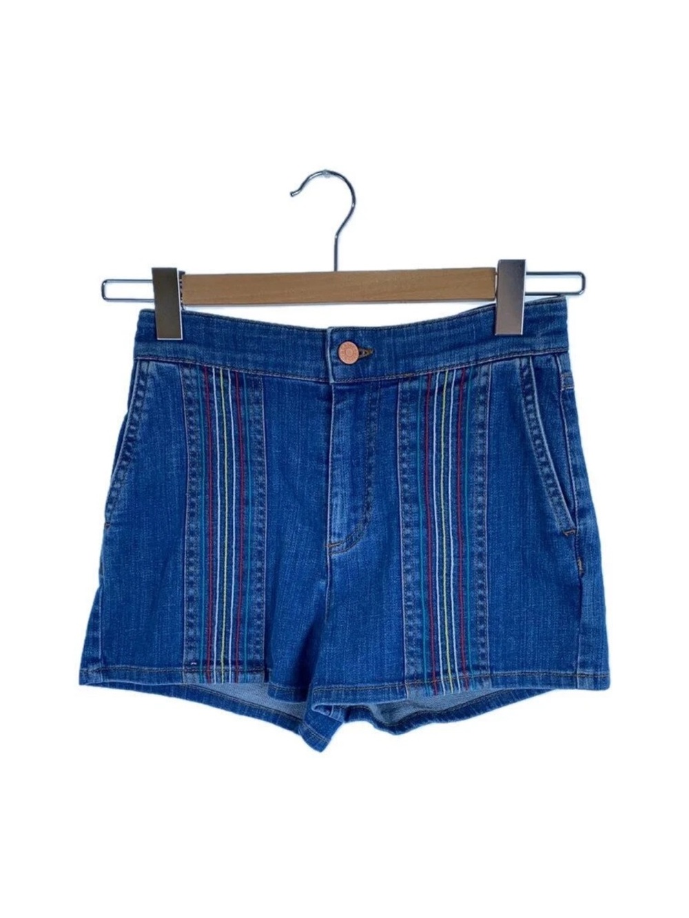 High-Rise Blue Denim Shorts with Side Embroidered Trim - Picture 4 of 4